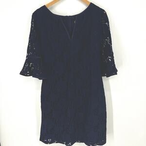 Adrianna Papell Navy Lace Bell Sleeve Sheath Dress Lined Back Zip Sz 12 Preowned